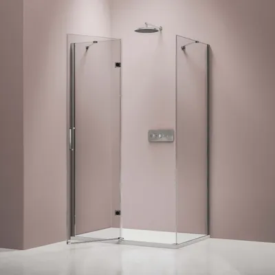 Produktbild von Eckdusche mit Drehtür an Festfeld NT403 - 8 mm - Nano Klarglas - Türanschlag LINKS - Breite wählbar, Breite Glas feststehend:90cm, Breite Tür mit Anschlag LINKS:90cm