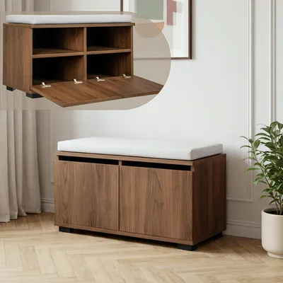 Produktbild von Schuhbank 'Brande' mit 4 Fächern 2 Klapptüren 80 x 35 x 42 cm Walnussoptik / Hellgrau