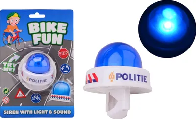 Produktbild von Fahrradsirene im Polizei-Stil mit integriertem Blinklicht zur Lenkermontage