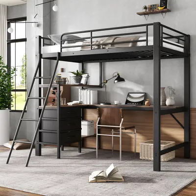 Image de Flieks lit superposé lit métallique 90x200cm avec bureau et étagère, lit surélevé avec tiroirs, lit simple lit superposé lit d'enfant avec sommier à lattes