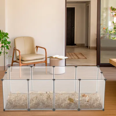 Zdjęcie produktu dla UISEBRT 12-częściowy kojec zewnętrzny dla małych zwierząt, siatkowy kojec z matą, wybieg dla szczeniąt, biały, 143 x 73 x 46 cm, 12 elementów wykonanych z tworzywa PP i łączników ABS