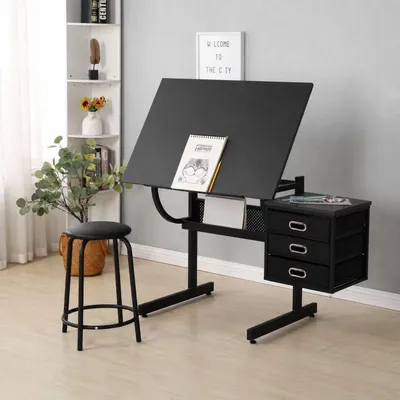 Productafbeelding van Tekenbureau met krukje en 3 lades, in hoogte verstelbaar tekenbureau voor kunst, schilderen en kantoor, 116x60x75 cm, zwart