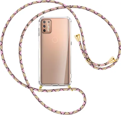 Produktbild von Handykette Backcover-Schutzhülle mit Band (Metall goldfarben) für Motorola Moto G9 Plus - lila/rosa/blau