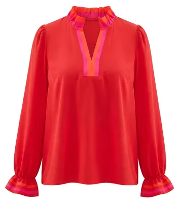 Produktbild von Damen Bluse in Rot Größe L mit V-Ausschnitt und kontrastierenden Paspeln im Casual-Stil