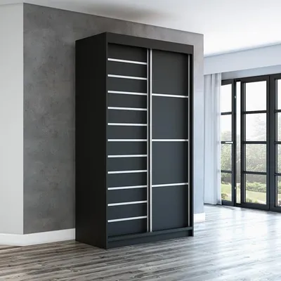 A modern black wardrobe with white accents is shown in a room with a concrete wall and wooden floor.