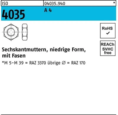 Produktbild von Reyher  niedrige Sechskantmu. ISO 4035 A 4 M 18 A 4 (10 Stück)