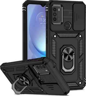 A black phone case with a ring holder and camera cover is displayed with a phone inside.