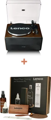 A Lenco record player and a Lenco record player cleaning kit are shown.