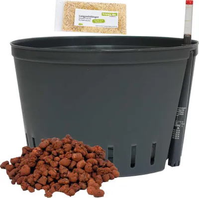 Produktbild von Set 4 teilig für Hydrokultur Kulturtopf 32/19 Ø 32 cm H 19 cm Wasserstandsanzeiger Blähton Dünger HD50