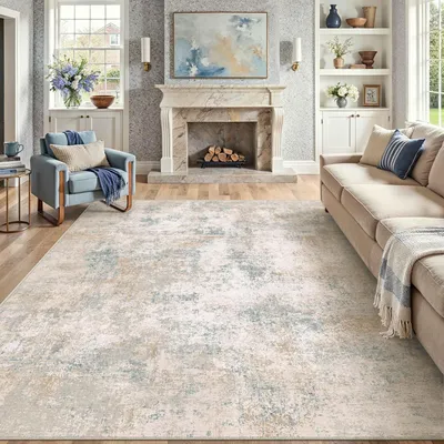 Obrázok produktu pre Kober do obývačky, 240x300 cm, abstraktný vzor, béžová a modrá farba, obdĺžnikový tvar, krátky vlas, umývateľný, protišmykový