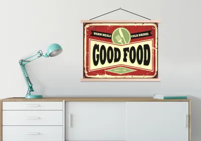 Produktbild von MuchoWow® Textilposter Essen - Jahrgang - Restaurant - Zeichnung 60x45 cm mit holzfarbenen Rahmen - Bild