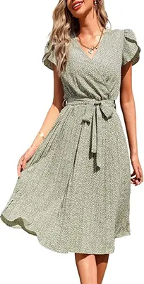 Image de ASKSA Femme Robe d'été Fleurs Mi-longues Col en V Robes Jupe plissée Robe de plage, Vert, S
