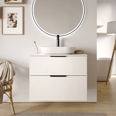 Produktbild von Waschtischunterschrank TIM 80 cm für Aufsatzwaschbecken - Farbe wählbar, Waschtischplatte:Weiß glänzend, Farbe Badmöbel:Weiß glänzend, Metallgriff:Schwarz matt
