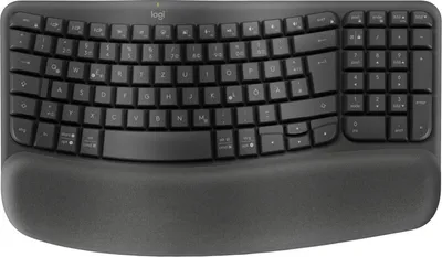 A top-down view of a black Logitech ergonomic keyboard with a padded wrist rest.