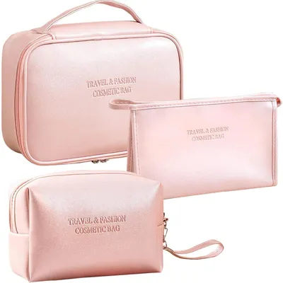 Produktbild von Kosmetiktasche Damen 3er Set Rosa PolyurethanWasserdicht Kulturbeutel Reise Make-up Tasche