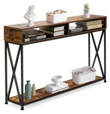 Image de Table console étroite, table d'entrée avec 2 niveaux, structure en forme de X, dimensions 120x23x79 cm, couleur marron