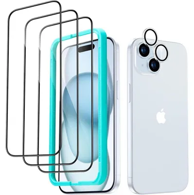 Image de Films de protection d'écran pour iPhone 15 Plus, 3 protections en verre trempé et 1 protection pour l'appareil photo, format 2,5D, résistants aux rayures