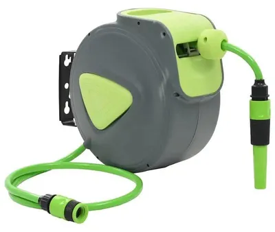 Produktbild von Wandmontierte automatische Schlauchtrommel - Gartenschlauch 10+1 m - PVC Schlauch - 180° schwenkbar - Aufrollautomatik - Hellgrün