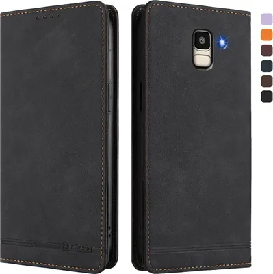 Image de Etui pour Samsung Galaxy J6 2018, étui rétro en cuirPolyuréthaneavec support et fentes pour cartes de crédit Noir
