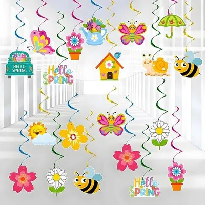 Produktbild von 34-teiliges Blumen- und Insektenmotiv-Hangdekorationssatz – Farbenfrohe Spiralen für Geburtstag, Frühling- und Sommerfest