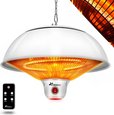A white infrared ceiling heater with an orange glowing heating element, suspended by a chain. A black remote control is shown in the bottom left corner.