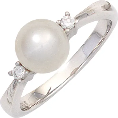 Produktbild von Ring Damenring Süßwasser Perle weiß & 2 Diamanten Brillanten 585 Gold Weißgold Innenumfang 58mm  Ø18.5mm