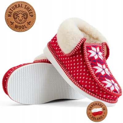 Imagen del producto de Zapatillas de casa de lana y cuero, color rojo, con diseño noruego, hechas a mano, talla 38