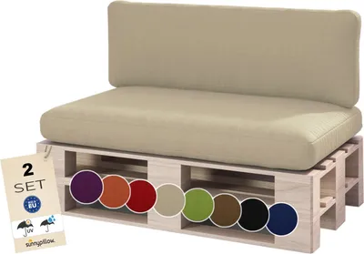 Produktbild von sunnypillow Palettenkissen Outdoor, wasserdicht, UV-lichtecht - 2er Set - Palettenauflage für Palettensofa für Haus, Garten - Palettenpolster für Palettenmöbel - Rückenkissen & Sitzkissen Cremefarben
