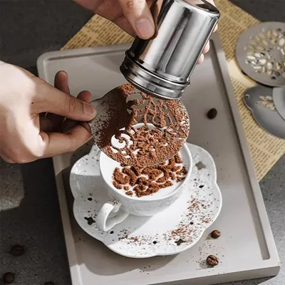 Produktbild von Edelstahl Kaffeeschablonen Set - 5 Stück - Cappuccino Schablonen - Milchschaum Dekorationsschablonen - Kaffeezubehör