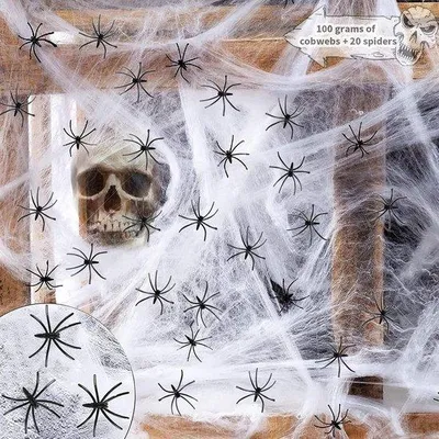 Image de 100 g de toile d'araignée extensible, 20 araignées d'horreur noires pour Halloween, fêtes, décoration de table pour la maison et le jardin