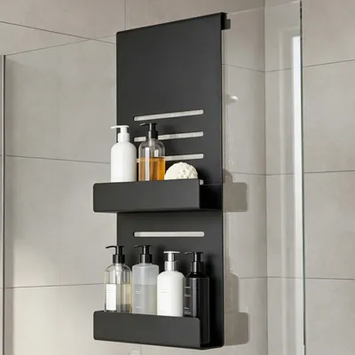 Produktbild von Mai & Mai Duschablage zum Hängen, Duschregal Ohne Bohren für Glasduschtüren, Hängeregal mit 2 Etagen und 3 Haken,  Sandschwarz 30x60x8cm Oryne-01