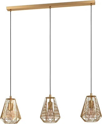 A three-light pendant lamp with gold-colored metal cages.