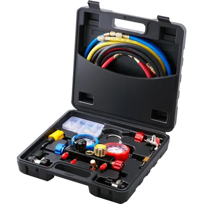 Immagine prodotto di VEVOR Manometro del refrigerante a 4 vie per auto Set di misuratori del collettore del refrigerante, R134A-R12-R410A-R22 AC 4 pezzi da 5 piedi di tubi flessibili di carica Misuratore del collettore del refrigerante Strumenti diagnostici per auto condizionatori d'aria