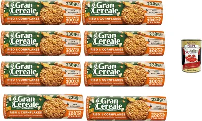 Produktbild von GranCereale Riso & Cornflakes 8x230g | Knusprige Kekse mit Reis Mais & karamellisiertem Hartweizengrieß – 100% italienische Zutaten – recycelbare Packung 1,84kg + Italian Gourmet polpa
