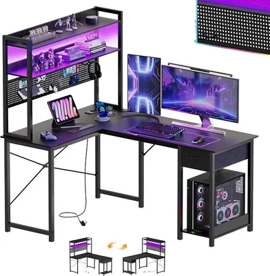 Produktbild von Schreibtisch mit Lochwand 135 x 90 cm Eckschreibtisch mit Regal Gaming Schreibtisch Groß mit Steckdosen & USB Ladeanschluss Gaming Tisch L Form mit Stauraum Schwarz