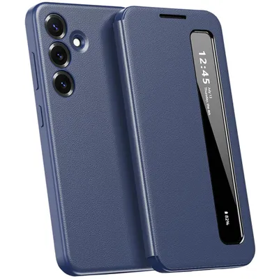 Produktbild von Kunstleder Hülle für Samsung Galaxy S25 FE, Intelligentes Handyhülle mit Smart Side Window Blau