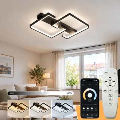 Produktbild von LED Deckenleuchte Schwarz 42 × 34 cm – Moderne geometrische Deckenlampe mit App & Fernbedienung, 40W, 3 Lichtfarben, stufenlos dimmbar, Memory, Nachtl