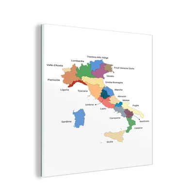 Obrázek produktu pro MuchoWow® Obrazy na skle - Nástěnné obrazy - Fotografie na skle Mapa zobrazující regiony Itálie 50x50cm Nástěnná dekorace ze skla - akrylová malba na sklo -