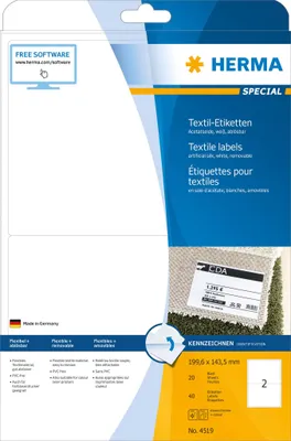 Zdjęcie produktu dla HERMA 4519, Biały, Zaokrąglony prostokąt, Laser, 2 szt., 20 ark., 199,6 mm