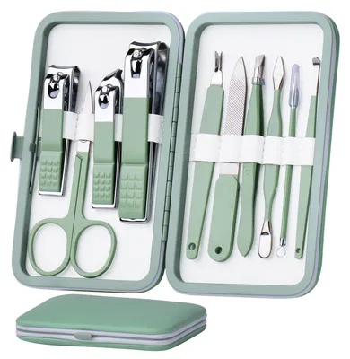 Produktbild von Maniküre-Set 10 in 1 Edelstahl Jadegrün mit Lederetui