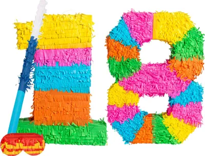 Produktbild von Fax Potato Pinata-Set zum 18. Geburtstag mit Stock und Augenbinde – blauer Stock