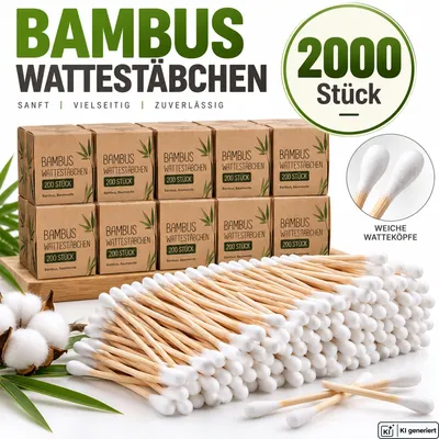 Produktbild von Bambus Wattestäbchen 2000 Stück Baumwolle Ohrenstäbchen Kosmetik Make-up Pflege