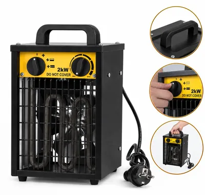 Productafbeelding van Ikodm bouwkachel 2000W, elektrische verwarming met thermostaat, 3 standen, oververwarmingsbeveiliging, geel-zwart, AI-gegenereerde afbeelding