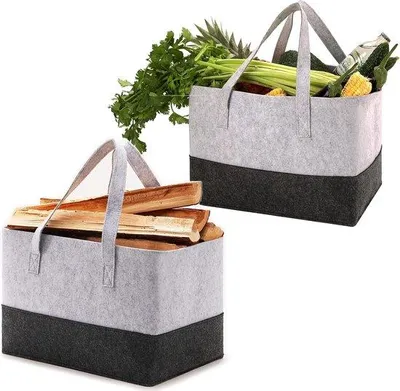 Obrázok produktu pre Uniqoos® 2-dielna sada: taška na nákupy a kôš na drevo, vyrobené z polyesterovej filcovej látky (5 mm), skladacia, veľká, rozmery 38 x 25 x 25 cm, nosnosť do 30 kg, multifunkčné