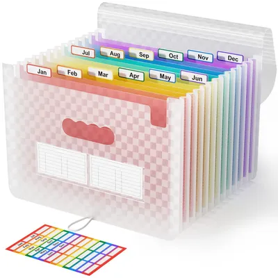 Image de Porte-documents A4 à motif quadrillé, 13 compartiments, motif arc-en-ciel, extensible, grande capacité, facile à transporter, pour l'école (rose)
