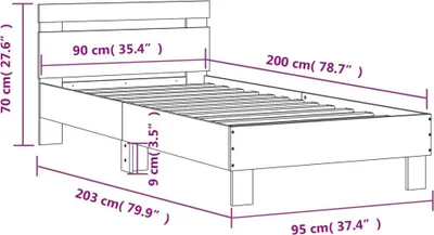 Produktbild von vidaXL Bettgestell mit Kopfteil und LED-Leuchten Betongrau 90x200 cm