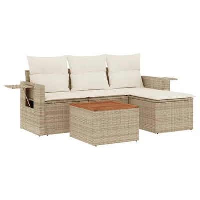 Imagen del producto de Conjunto de sofá de jardín de 5 piezas con cojines, color beige, fabricado en ratán sintético
