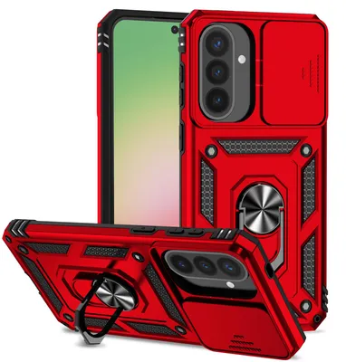 Produktbild von Galaxy A57 Hülle mit Schiebe Kamera Schutz und Ringhalter Ständer Robust Rüstung Schutzhülle für Samsung Galaxy A57 Rot