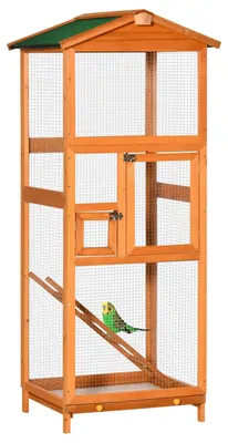 Obrázek produktu pro Klec pro ptáky, konstrukce z borovicového dřeva, snadno čistitelný design, přírodní dřevo, rozměry 68x63x165 cm
