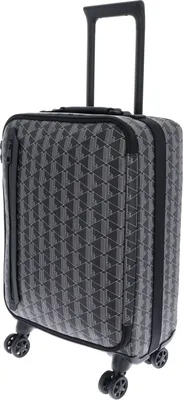 A black and gray patterned suitcase with a retractable handle and wheels, shown from a slightly angled front view against a white background.